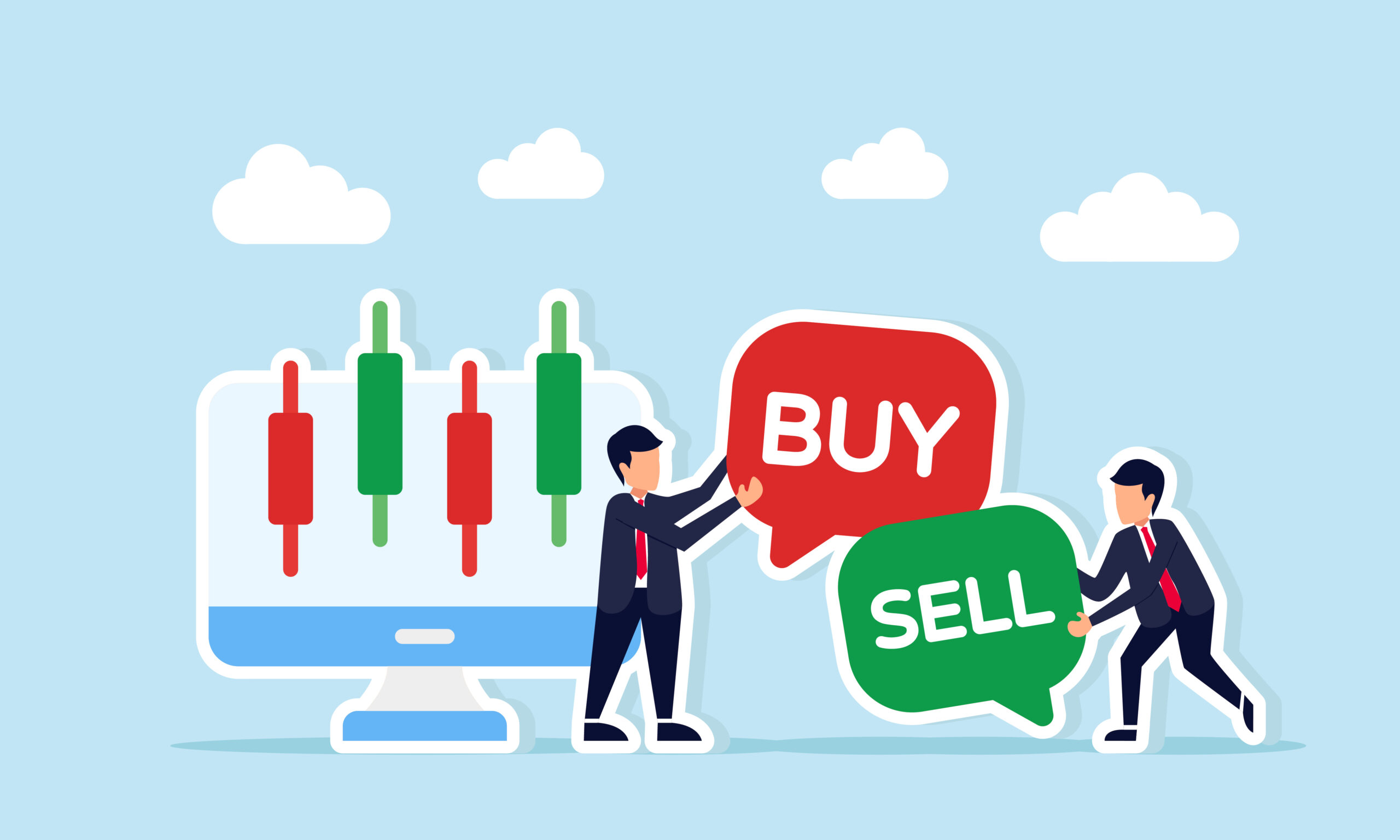 Two businessmen next to a monitor showing candlestick stock char