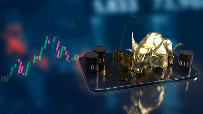 The oil tank and gold bull on tablet for business concept 3d ren