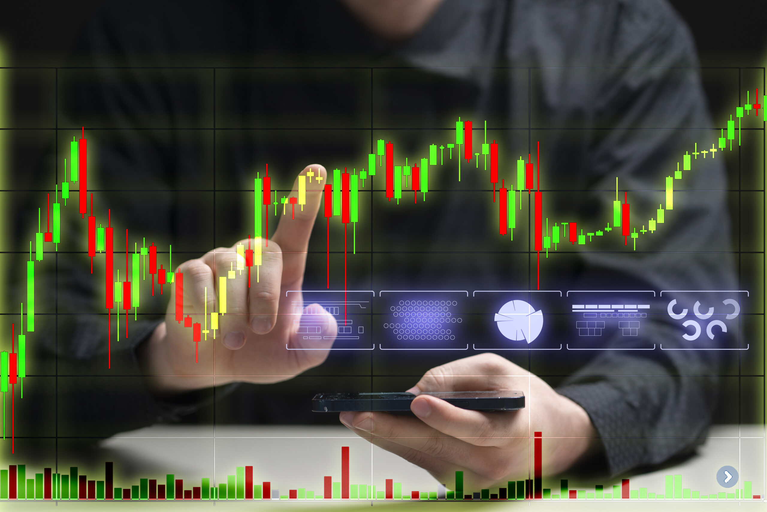 Strategy and planning, businessman touch the stock market rising graph. concept of progress and success